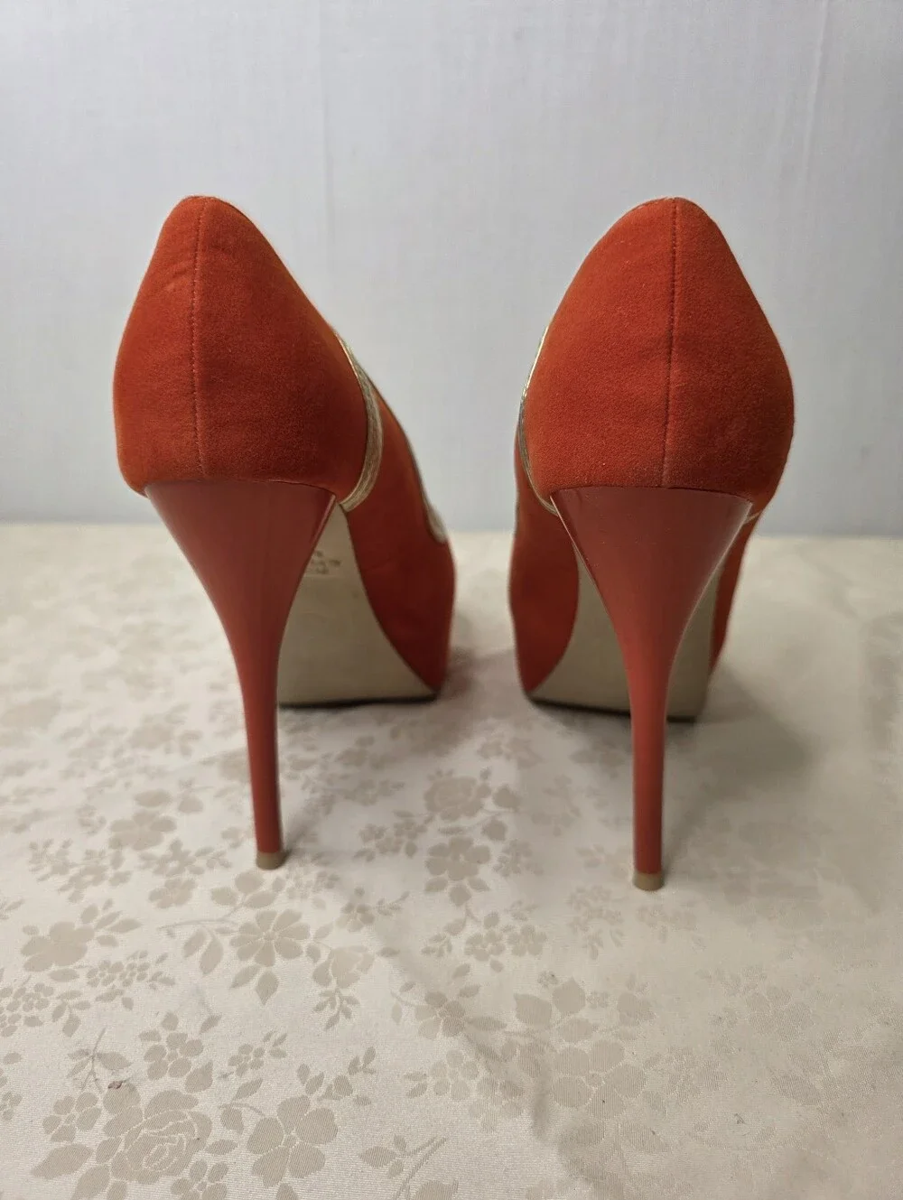 De Blossom Collection Sylvia-2 Orange Faux Suede Peep Toe Platform Heels 7.5